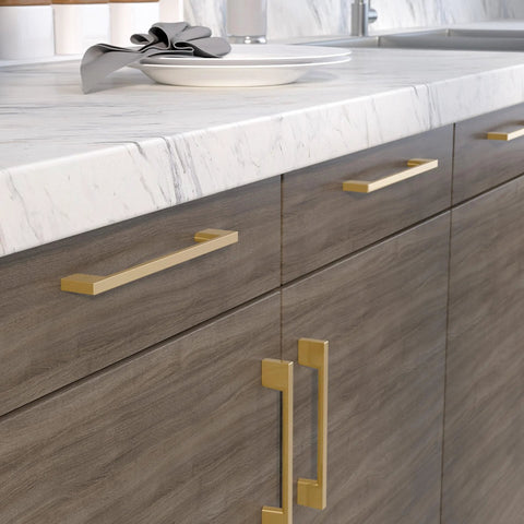 Armadale Collection Champagne Bronze Modern Rectangular Cabinet And Drawer Pull Handle in kitchen setting, 6 5/16" center to center.