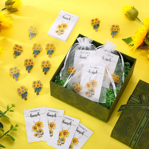 Total Vibe Bulk Sunflower Enamel Pins For Women Includes 25 Gold Yellow Flower Lapel Brooches With Thank You Cards And Tissue Wraps displayed in green gift box.