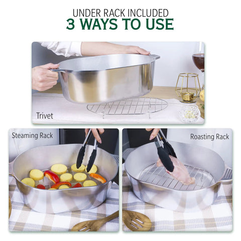 Cast Aluminum Oval Dutch Oven With Lid 10 Qt Heavy Duty And Lightweight Pro Grade Roaster Pan depicted with three rack uses.