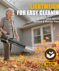 Senior woman using 650 CFM Heavy Duty Cordless Leaf Blower With 200 MPH Turbo Mode, lightweight design for easy leaf clearing