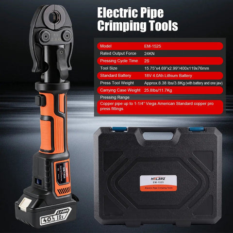 Badass Heavy Duty 18V Brushless Cordless Hydraulic Crimping Tool Kit With Swappable Dies, electric pipe crimper, black and orange design.