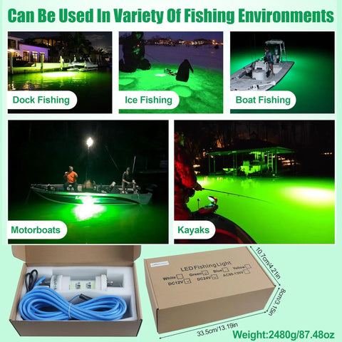 Collage of Beast Bright 160W Submersible Fishing Light used in various environments, packaging with 20ft cord displayed