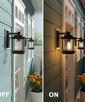 Rectangular Outdoor Porch Light With Clear Glass, Dope Farmhouse Style Weatherproof Exterior Wall Lantern In Matte Black, Anti Rust Build For Front Door, Patio, Yard And Garage image showing light off and on
