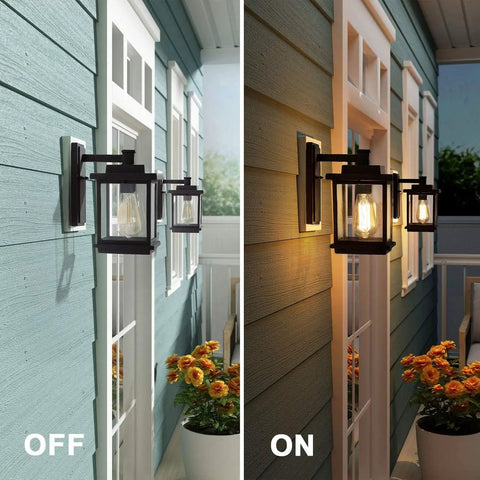 Rectangular Outdoor Porch Light With Clear Glass, Dope Farmhouse Style Weatherproof Exterior Wall Lantern In Matte Black, Anti Rust Build For Front Door, Patio, Yard And Garage image showing light off and on
