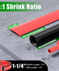 1-1/4 Inch 3 To 1 Large Marine Grade Adhesive Lined Heat Shrink Tubing Wrap Set, red and black tubes, dimensions labelled