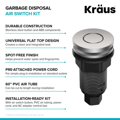 Garbage Disposal Air Switch Kit In Spot Free Stainless Steel With Push Button, AC Adapter, Power Cord, and Air Tube Overview