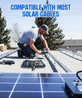Man using All-In-One Solar Crimp Tool Kit 13 Piece Set For Panel Wiring And Installation on rooftop with open tool case.