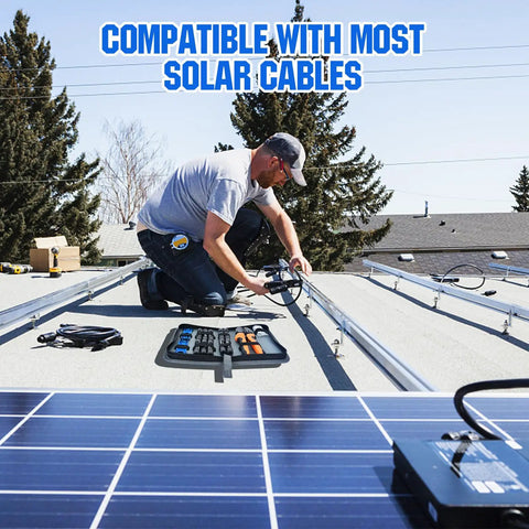 Man using All-In-One Solar Crimp Tool Kit 13 Piece Set For Panel Wiring And Installation on rooftop with open tool case.