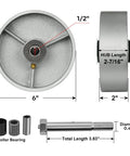 6 Inch Cast Iron Wheels With Steel Spacers Built Tough As Nails For Heavy Hauling Up To 500 Fahrenheit High Temp Industrial Cart Casters 10 Pack, showing dimensions.