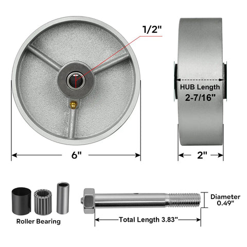 6 Inch Cast Iron Wheels With Steel Spacers Built Tough As Nails For Heavy Hauling Up To 500 Fahrenheit High Temp Industrial Cart Casters 10 Pack, showing dimensions.