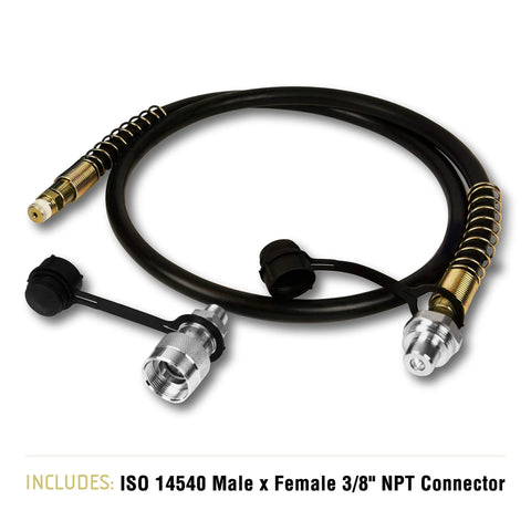 TEMCo HP0000 air-hydraulic hose assembly with ISO 14540 3/8 NPT connectors, angled view