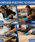 Four images of Heavy Duty Cordless Electric Scissors With Led Light used on fabric, leather, carpet, and cardboard.