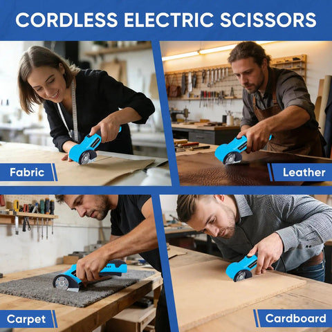 Four images of Heavy Duty Cordless Electric Scissors With Led Light used on fabric, leather, carpet, and cardboard.