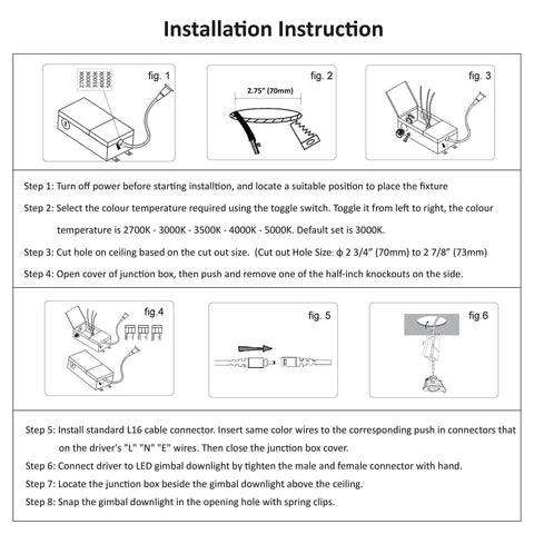 Installation instructions for Six Pack Dope 3 Inch Canless Recessed Gimbal Downlight With 360 Degree Rotating Eyeball and junction box.