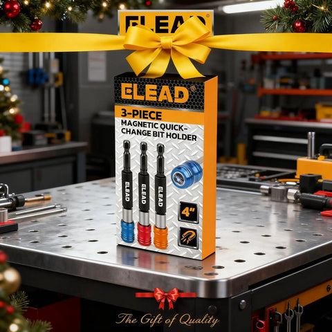 3 Piece One Quarter Inch Quick Change Drill Bit Holder Set With Four Inch Hex Shank Extensions No Slip CRV Steel Quick Release Bits Holder With Storage Base For Easy Bit Swaps And Durable Long Life on a workbench, packaged in a gift box with bow.