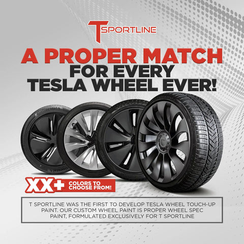 Tesla Model 3 Wheel Curb Rash And Scratch Repair Kit With Color Matched Touch Up Paint For Gray Warp Rims displayed in a showroom setting.