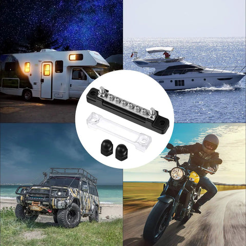 Heavy Duty Marine Ground Bus Bar With Clear Cover Dead Simple Hookups For Boat And RV 12V DC Power Distribution Block shown with vehicles.