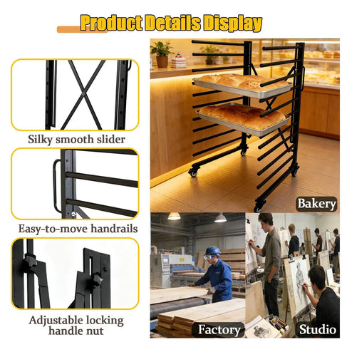 Knockout Heavy Duty Steel Paint Drying Rack With Smooth Rolling Caster Wheels For Cabinet Doors Drawer Panels And Wood Trim Sweet Vertical Organizer Setup In Charcoal Black displayed in a bakery with bread.