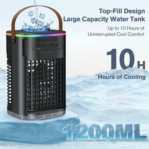 5 In 1 Portable Air Conditioner And Evaporative Cooler With 3 Speeds, 2 Ice Packs, 5400mAh Built In Battery, compact unit on ice block