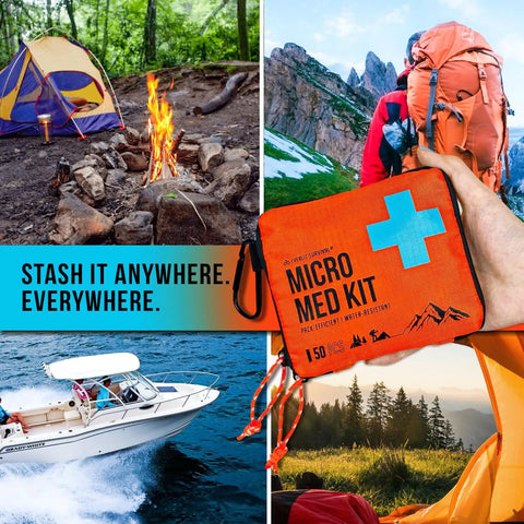 UltraLight Mini First Aid Kit Three Pack For Hiking Camping And Travel Ultralight Water Resistant Medical Kit shown in outdoor settings