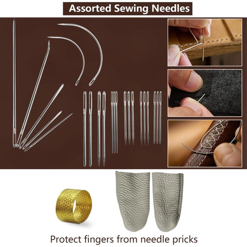 Assorted sewing needles and thimbles from All In One Leather Repair Kit With Waxed Thread And Heavy Duty Tools For Car Seats, Sofas, And Carpets.