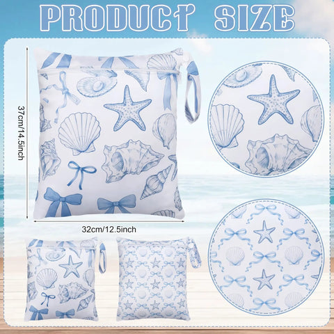 2 Pack Wet Bags Reusable Waterproof Wet Dry Bags For Travel Beach Pool Bathing Diapers Dirty Clothes Gym Gear With Zippered Pockets Sea Shell Blue And White Design 14.5 x 12.5 Inches Stroller Ready