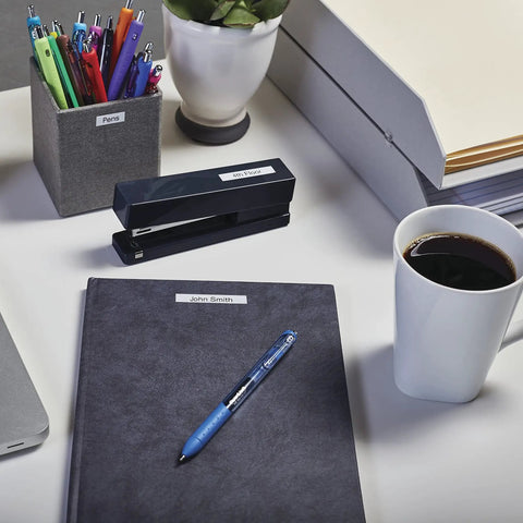 Gotta Keep Your Desk Nailed Down With Sleek Self Adhesive Label Rolls Measuring Half Inch By Twenty Three Feet Black Print On Crisp White Base quick peel labels on office supplies.