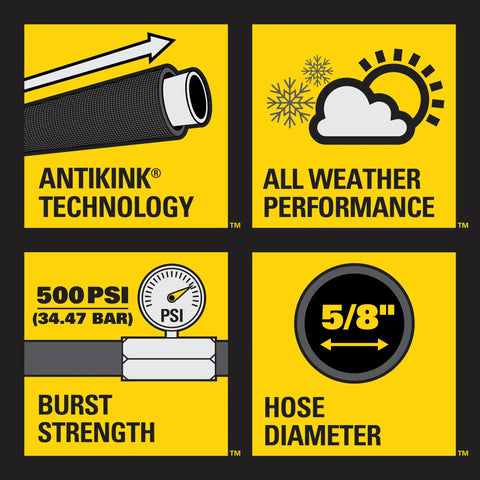 Heavy Duty Pro Grade Garden Hose With PolyFusion Technology 100 Foot Length Five Eighth Inch Yellow Kink Resistant And Lightweight 500 PSI AntiKink For Easy Maneuverability Around Trees And Landscaping features Antikink Technology, all-weather performance, 500 PSI burst strength, and 5/8 inch diameter.
