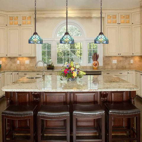 Sea Green Tiffany Pendant Light With Stained Glass, 8 Inch Wide Victorian Style Hanging Lamp Over Kitchen Island
