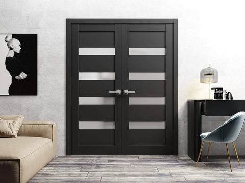Two Door Double Swing French Interior Doors With Frosted Glass, Matte Black Finish, MDF Frame, Hardware Included For Easy Install