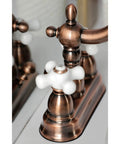 Close-up of an Antique Copper 4-Inch Centerset Bathroom Faucet In Solid Brass With Durable Washerless Cartridge, deck mount detail.