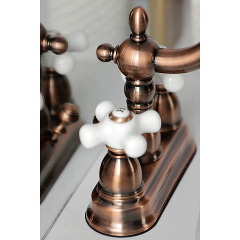 Close-up of an Antique Copper 4-Inch Centerset Bathroom Faucet In Solid Brass With Durable Washerless Cartridge, deck mount detail.
