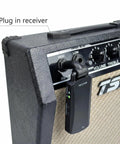 5.8GHz Wireless Guitar System receiver plugged into guitar amp showing operation for live gigs with low latency.