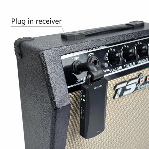 5.8GHz Wireless Guitar System receiver plugged into guitar amp showing operation for live gigs with low latency.