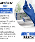 Front view: Safeskin blue ultralight nitrile disposable gloves, 2.0 mil, large, 100 count, latex-free and powder-free