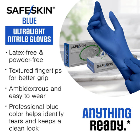Front view of SafeSkin blue ultralight nitrile gloves packaging with a blue-gloved hand; latex-free, powder-free.