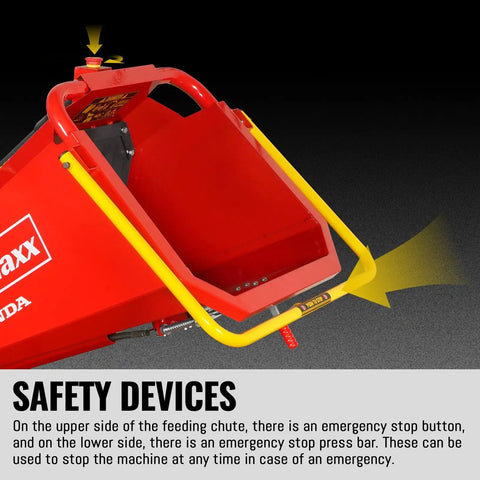 Close-up of emergency stop switch on 8 Inch Towable Wood Chipper Shredder Mulcher with Electric Start Honda 688cc 22HP.