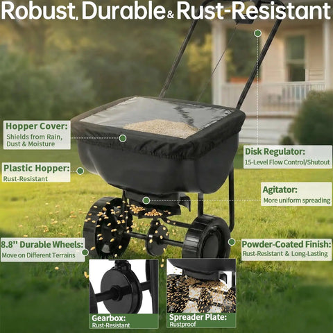 All Season 70-Pound Fertilizer Spreader with 15-Level Precision Control, waterproof hopper, and 8-inch all-terrain tires shown