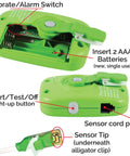 Green Bedwetting Alarm With Loud Sound And Strong Vibration For Boys And Girls, Six Alarm Tones And Vibration Alerts, Compact Battery Operated Sensor, Easy To Clean, Kid Friendly Enuresis Solution showing battery compartment and sensor tip