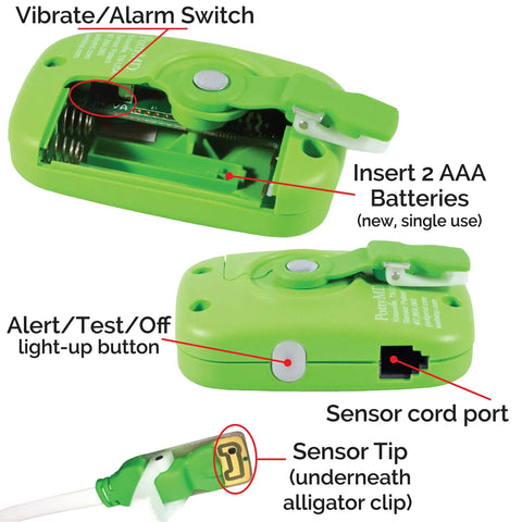 Green Bedwetting Alarm With Loud Sound And Strong Vibration For Boys And Girls, Six Alarm Tones And Vibration Alerts, Compact Battery Operated Sensor, Easy To Clean, Kid Friendly Enuresis Solution showing battery compartment and sensor tip