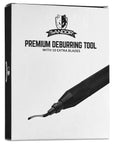 Sandor premium deburring tool with black textured handle and replaceable blade pictured on packaging