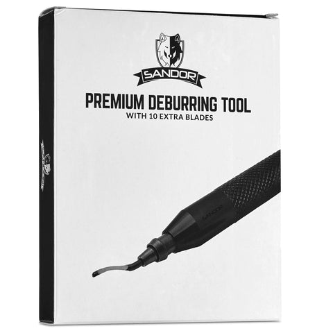 Sandor premium deburring tool with black textured handle and replaceable blade pictured on packaging