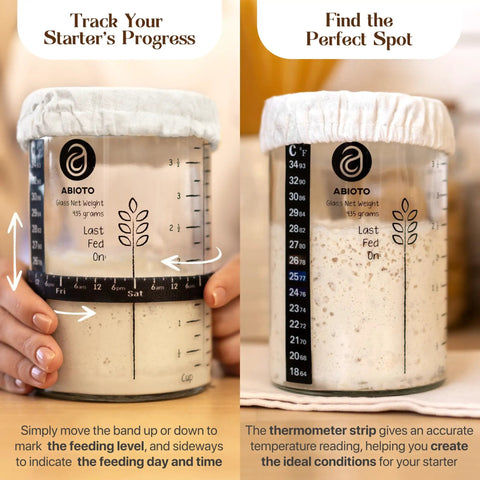 Sourdough starter jar with measurements, part of Go To Sourdough Starter Kit With 10 Inch Round And 11 Inch Oval Banneton Proofing Baskets And 34oz Starter Jar For Beginner To Pro Bakers, The Ultimate Bread Craft Kit For Golden Crusts And Confident Bakes.