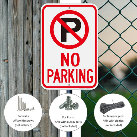 4 Pack 18 By 12 Inch No Parking Signs Made From Reflective Aluminum With Symbol, UV Protected, Rust Free, And Weather Resistant, installed on fence