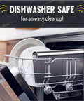 Dishwasher interior with a silver rack and white plates; banner reads Dishwasher Safe.