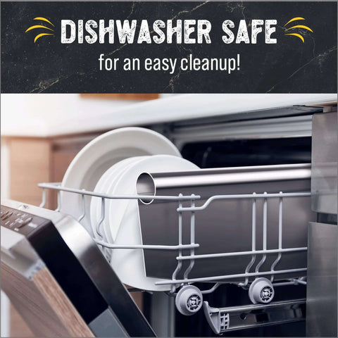 Dishwasher interior with a silver rack and white plates; banner reads Dishwasher Safe.