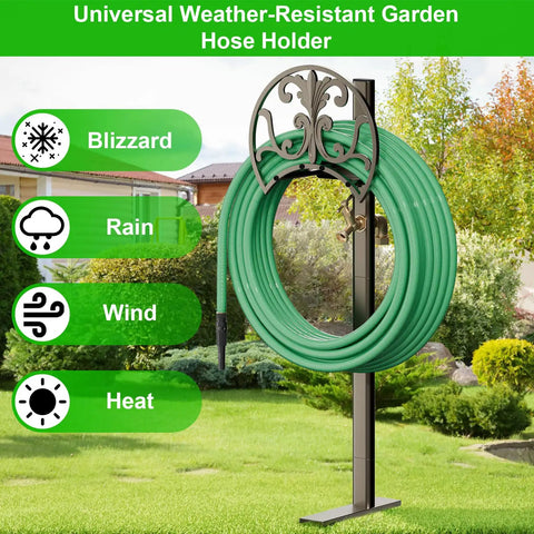 Heavy Duty Garden Hose Stand With Brass Faucet Detachable Hose Holder Freestanding Metal Reel For Outdoor Patio Yard Holds Up To 150 Feet Of Hose Organization And Easy Access Ready To Roll in green lawn with hose coiled