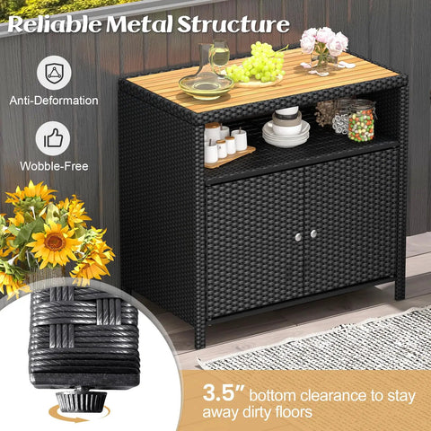 Outdoor Wicker Bar Cabinet With PE Rattan Construction, Durable Acacia Wood Countertop, Open Shelf And Two Doors in black