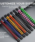 Beefy Heavy Duty Socket Organizer Rack with color-coded clips, showing quarter inch, three eighths inch, and half inch rail sizes