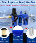 Three Eighths Inch NPT Air Compressor Water Separator Filter Regulator Lubricator Combo with brass filter visible